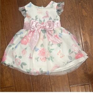 NWOT Rare Editions White Floral Dress with Pink Bow